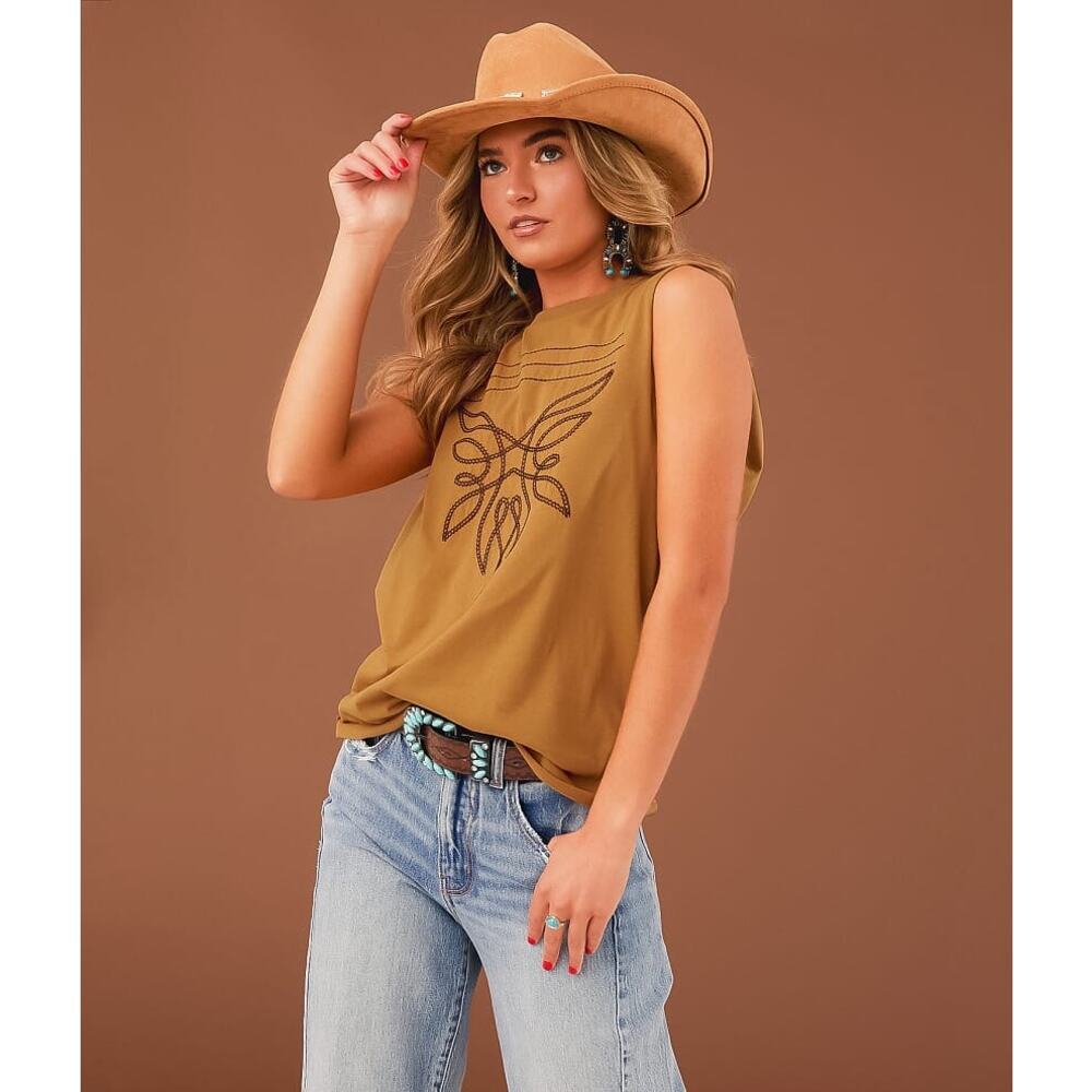 STERLING & STITCH Brown Boot Stitch Design BOHO Desert Open Back Shirt sz Large